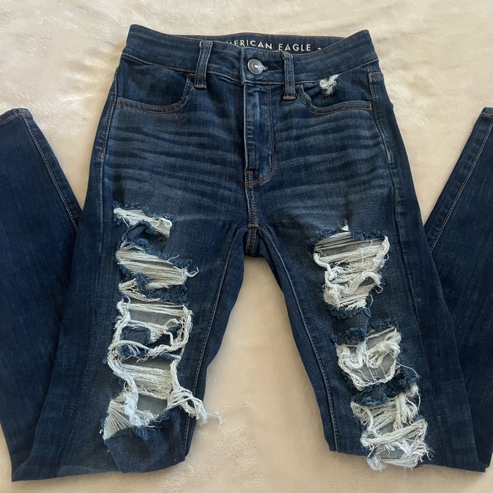 American Eagle Outfitters Blue Skinny Jeans with Distressed Details